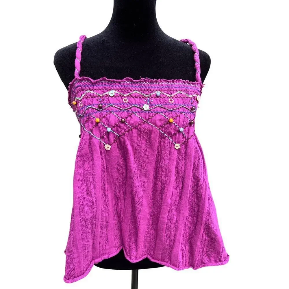 Free People magenta elastic strap top with bead detail, women's size S